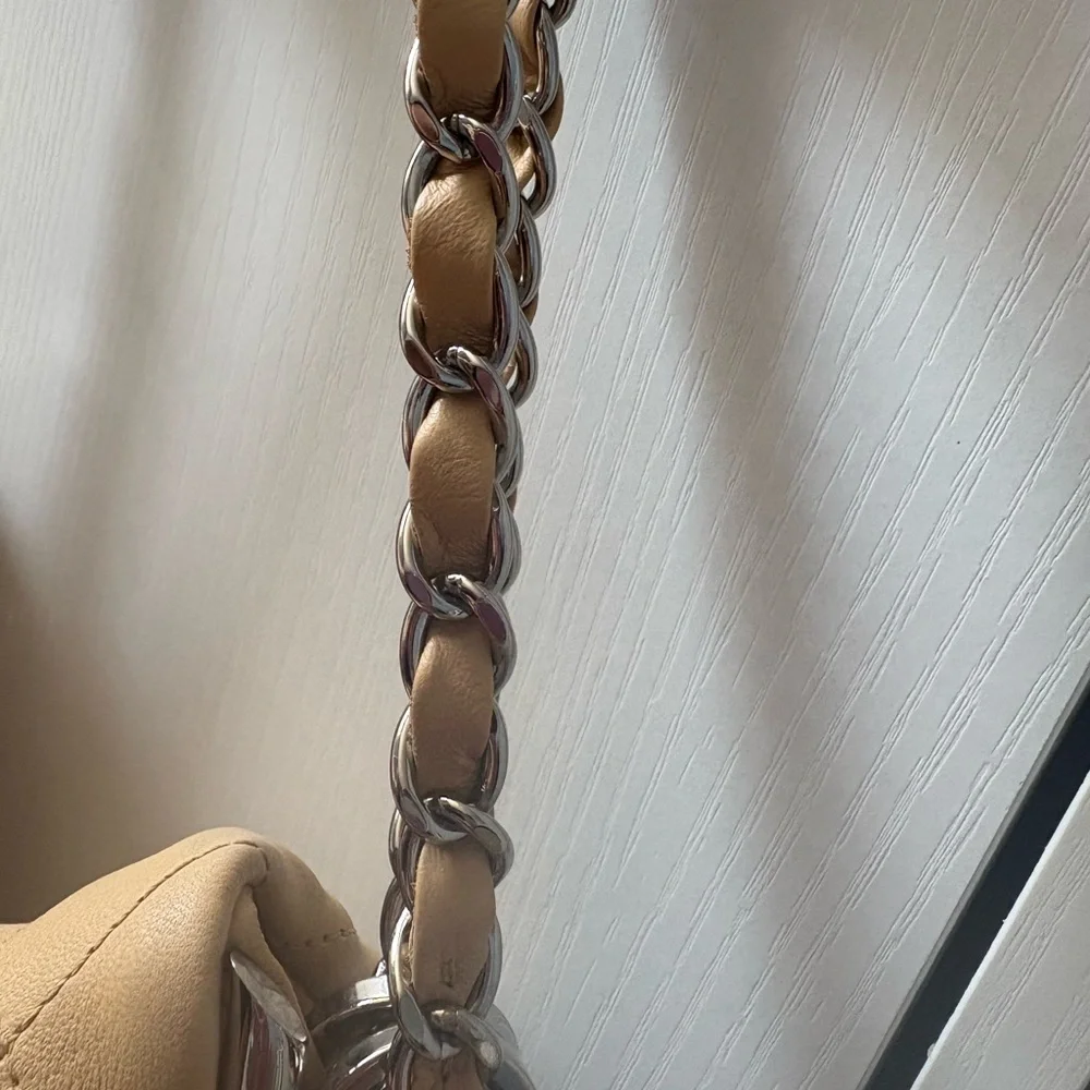 Authentic CHANEL Beige Quilted lambskin Shoulder Bag with Silver-Tone Hardware